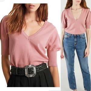 Ba&sh Mathis short sleeves wool blend sweater pink size M V neck